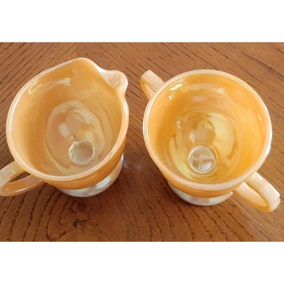 Vintage Cream & Sugar Set Fire King Peach Luster Laurel Ovenware Anchor Hocking - Picture 6 of 9